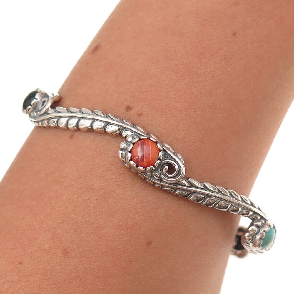 Carolyn Pollack Sterling Silver Vintage Real Turquoise Coral Onyx Bracelet 8.25"